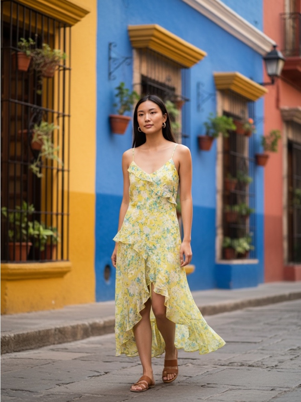 Lost + Wander Yellow Floral Ruffle Maxi Dress